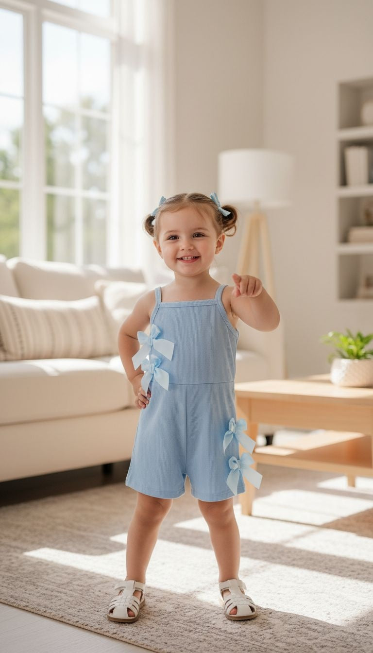 Girls’ Bow Accent Ribbed Romper – Sleeveless One‑Piece Summer Outfit