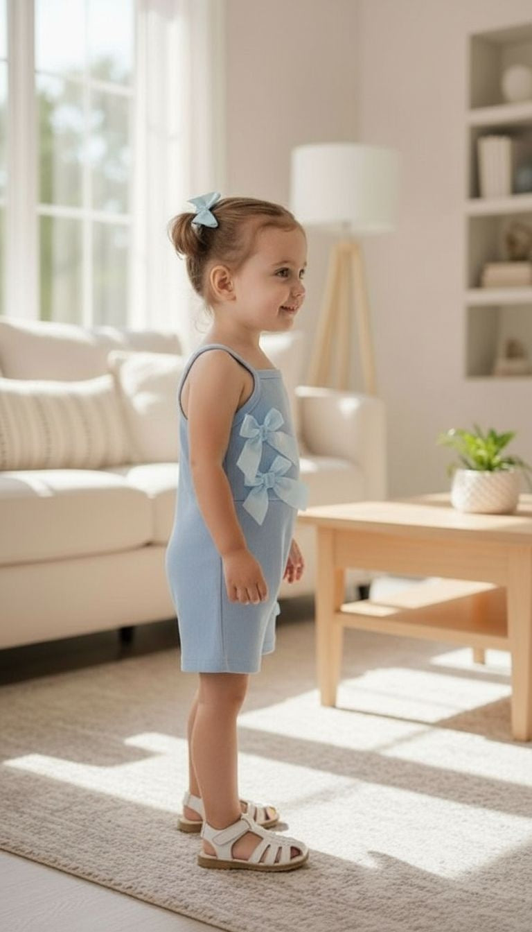 Girls’ Bow Accent Ribbed Romper – Sleeveless One‑Piece Summer Outfit