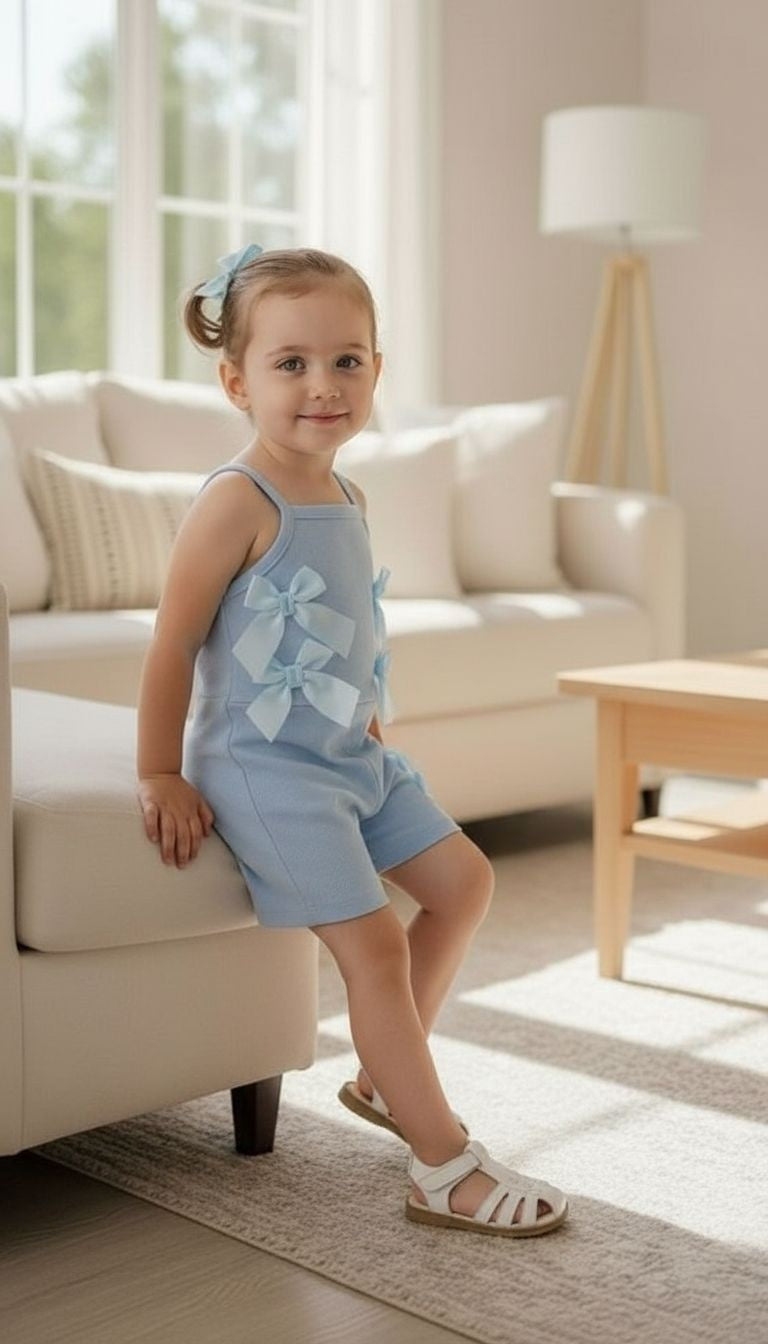 Girls’ Bow Accent Ribbed Romper – Sleeveless One‑Piece Summer Outfit