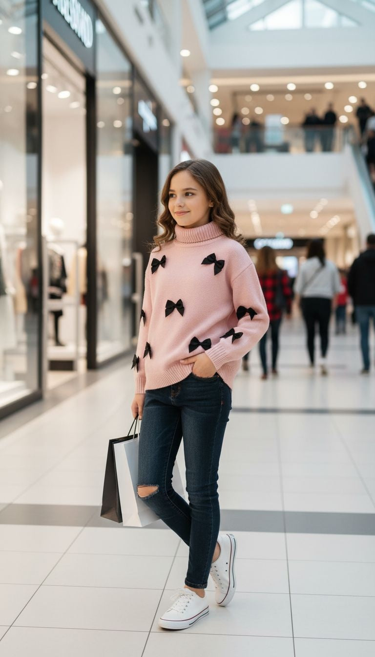 Chic Baby Pink Sweater with Black Bow Accents