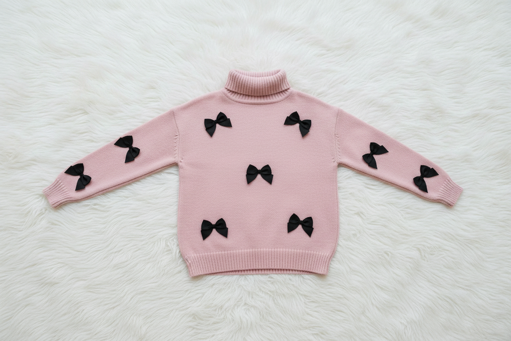 Chic Baby Pink Sweater with Black Bow Accents