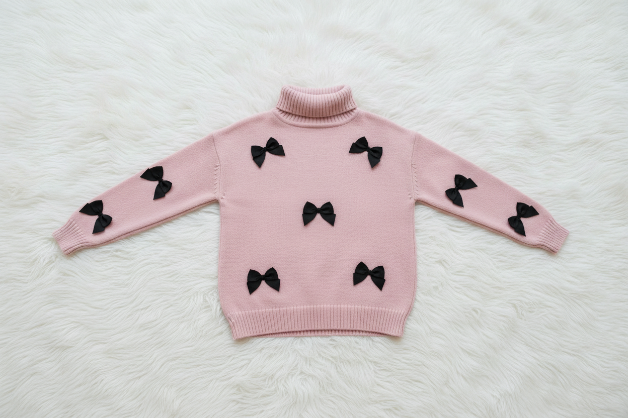 Chic Baby Pink Sweater with Black Bow Accents