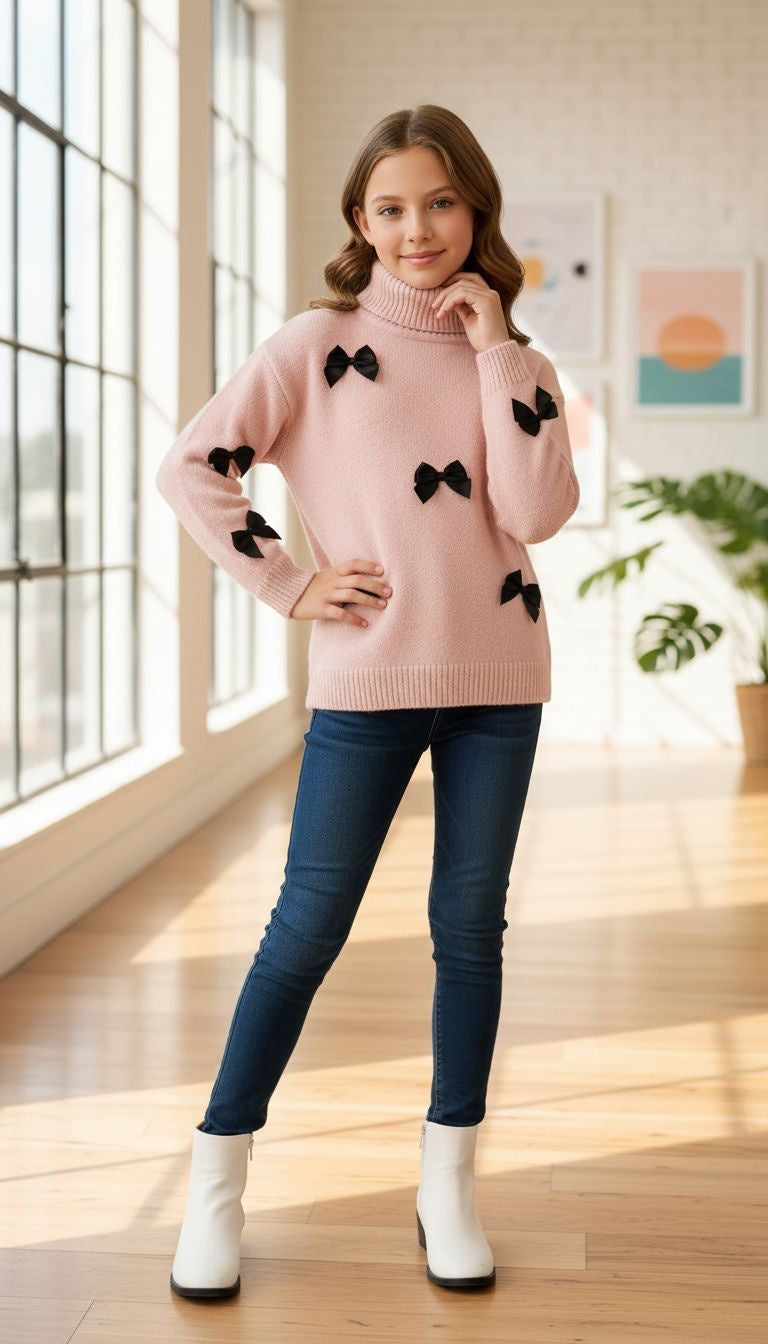 Chic Baby Pink Sweater with Black Bow Accents