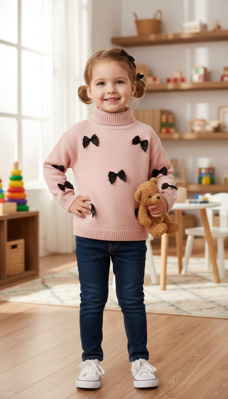 Chic Baby Pink Sweater with Black Bow Accents