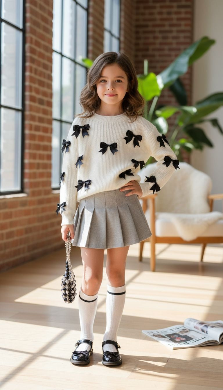 Chic White Sweater with Black Bow Accents