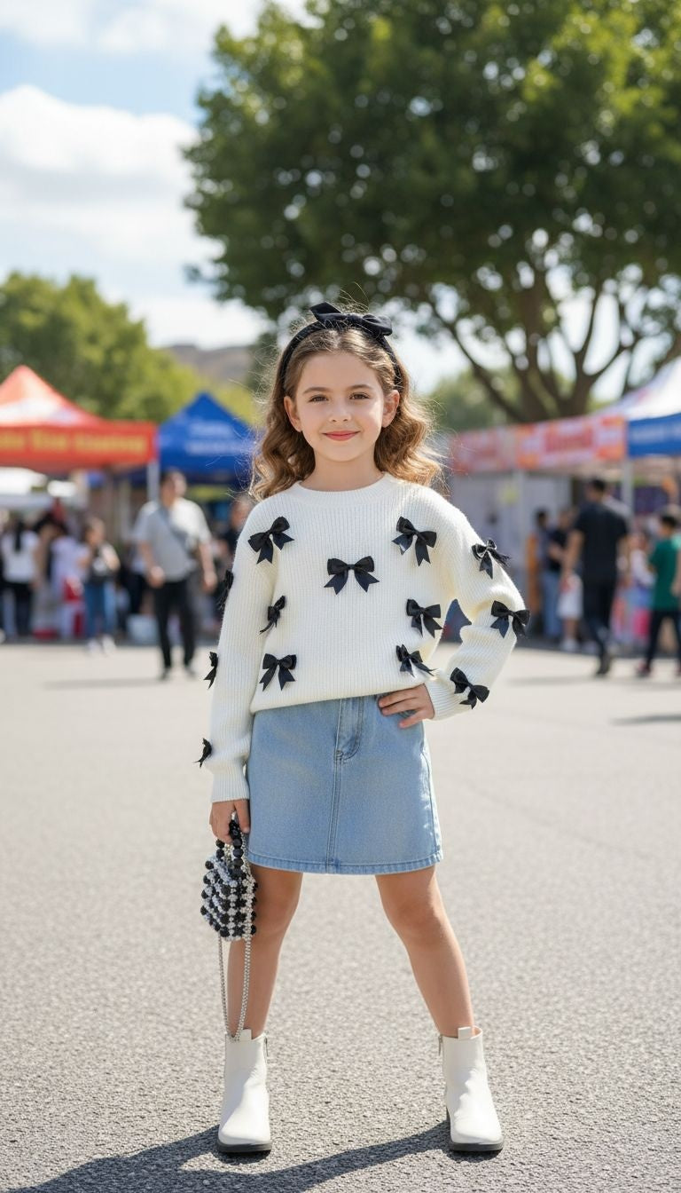 Chic White Sweater with Black Bow Accents