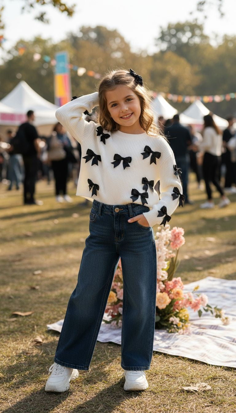 Chic White Sweater with Black Bow Accents