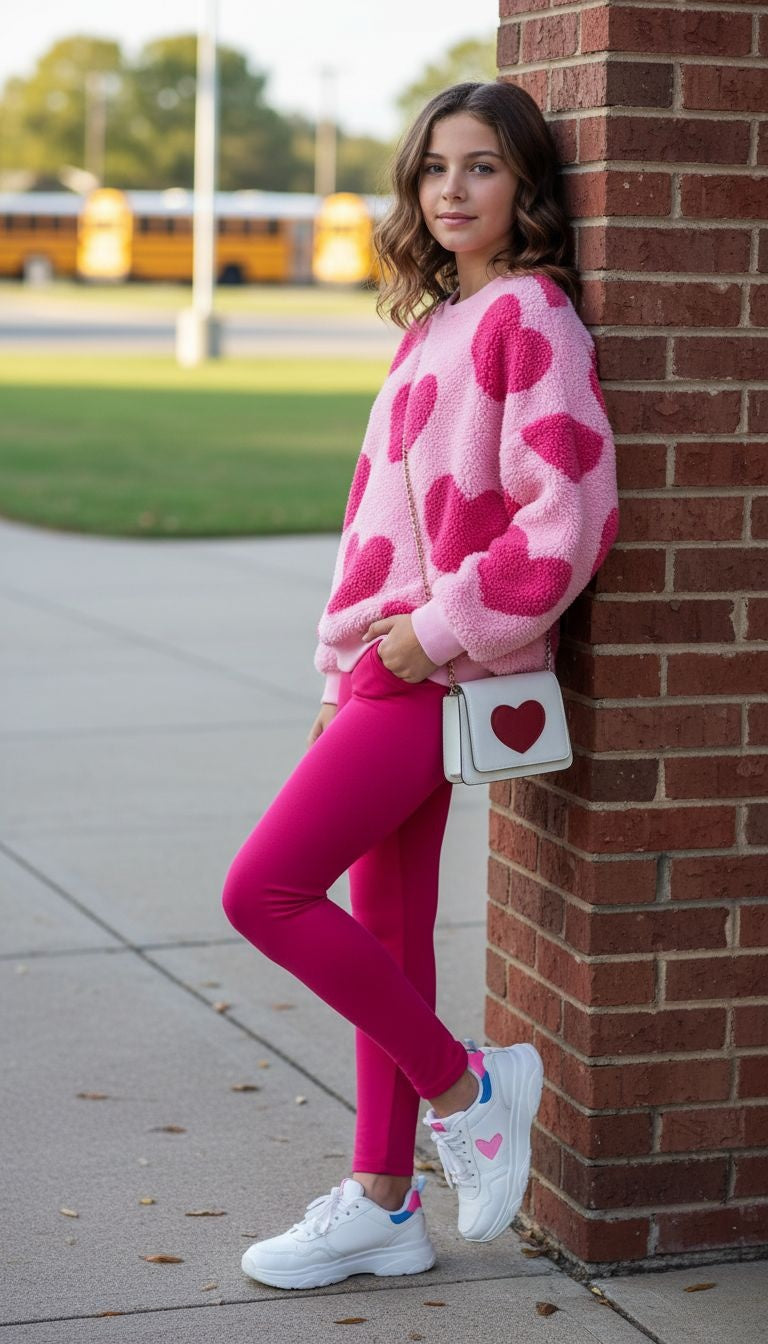 Cozy Pink Heart Print Two-Piece Set