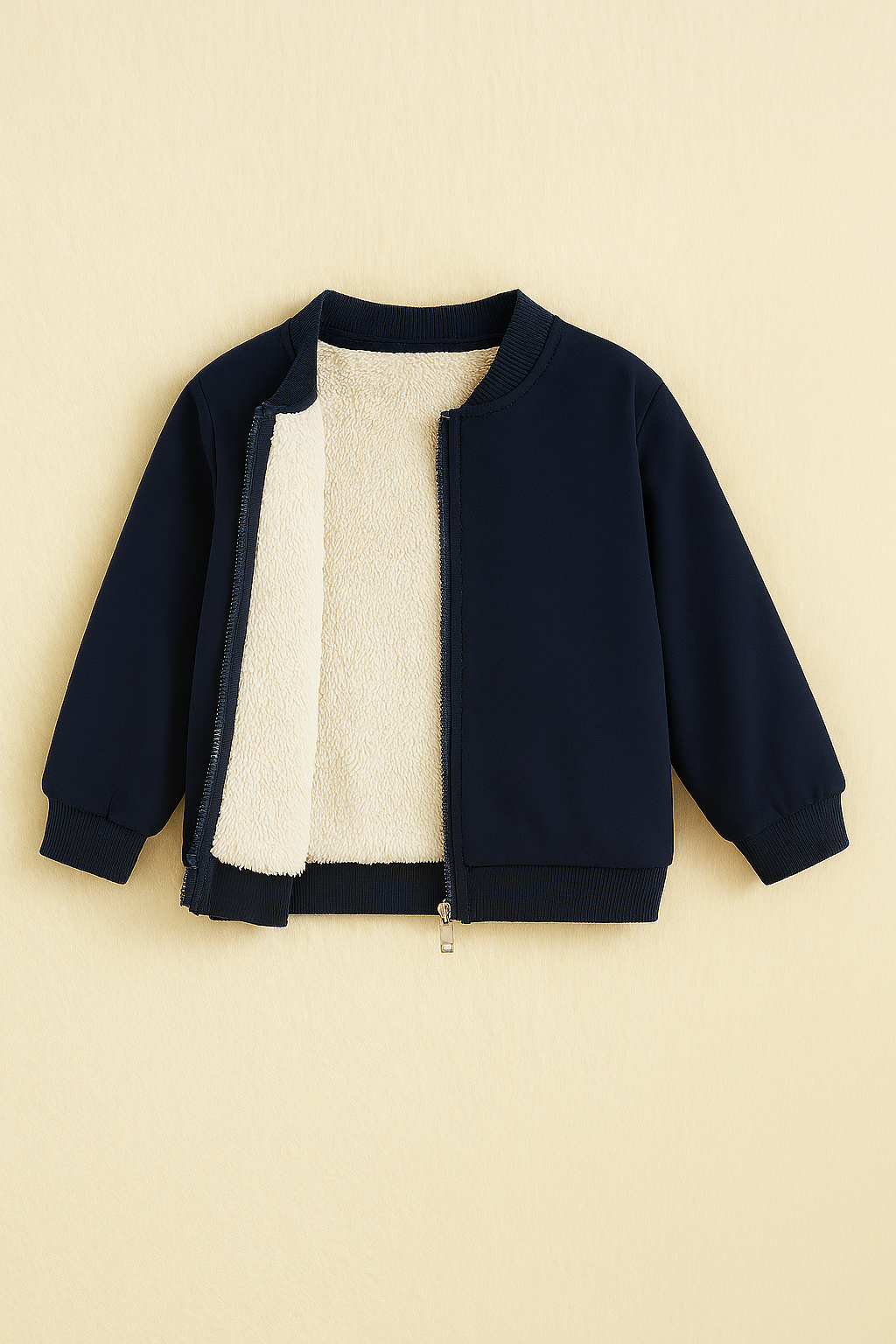Navy blue jacket with white interior on a beige background