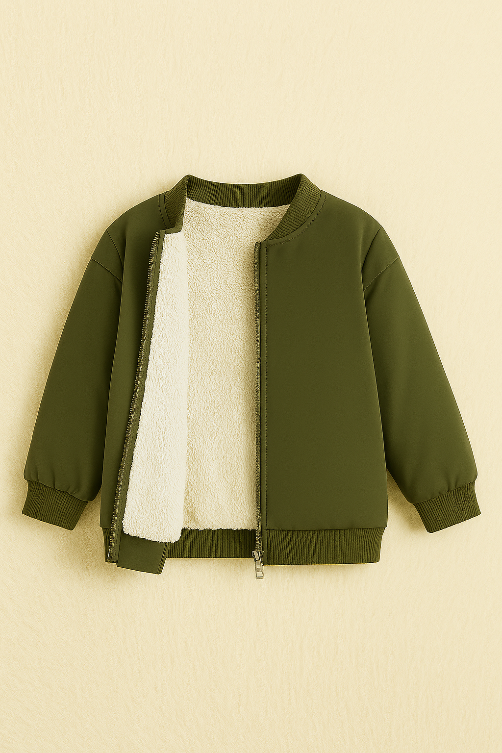 Green jacket with white lining on a beige background