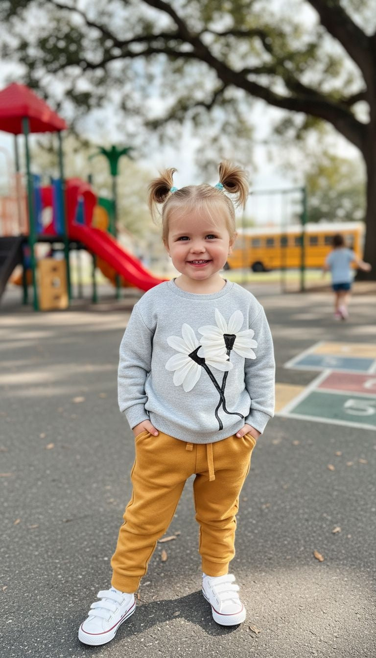 Gray Sweatshirt with 3D Daisy Design