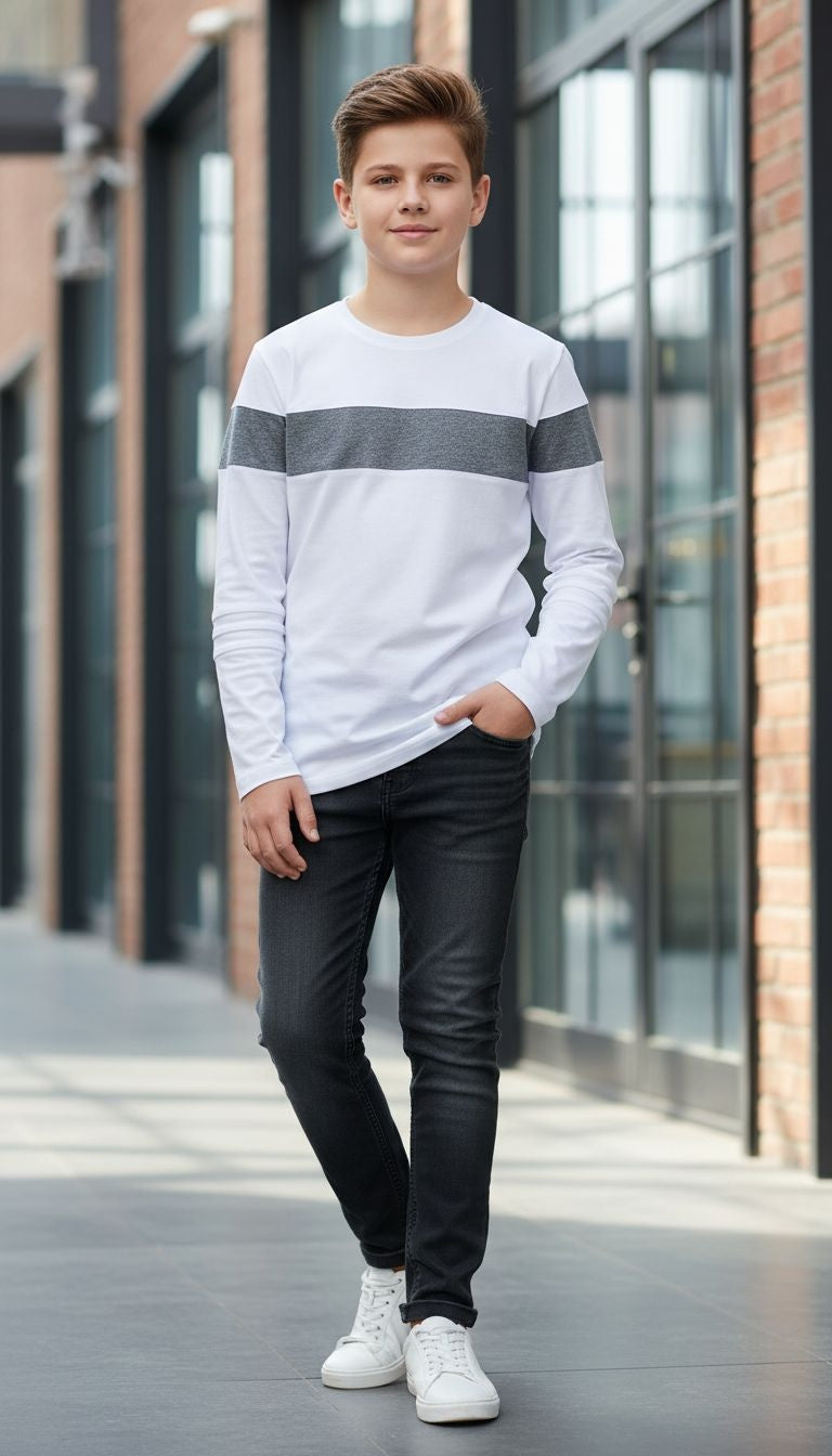 White Long-Sleeve Top with Gray Stripe