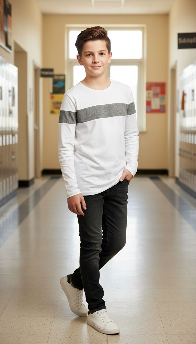 White Long-Sleeve Top with Gray Stripe