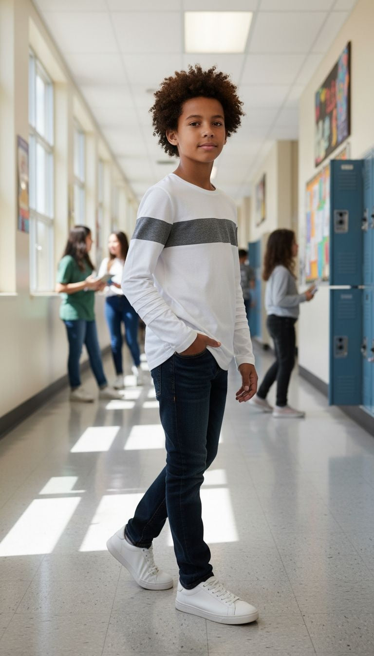 White Long-Sleeve Top with Gray Stripe