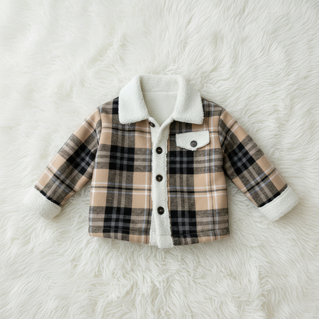 Plaid jacket with white sherpa lining held by a hand against a neutral background