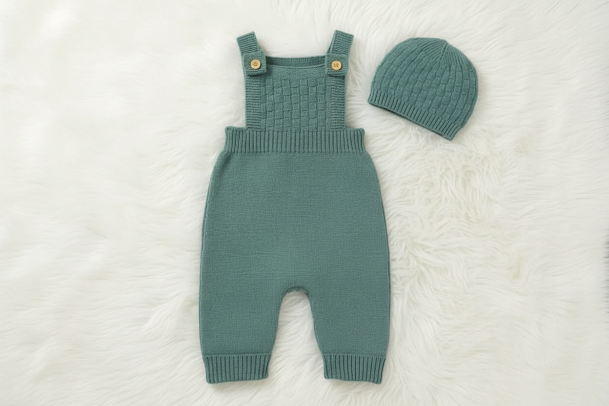 Green knitted baby romper with matching hat on a wooden surface with flowers and toys.