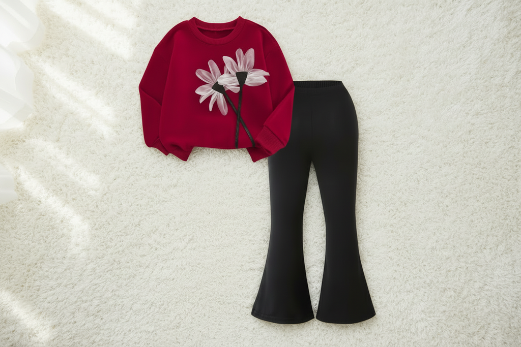 Red sweater with a floral design and black flared pants on a textured white surface