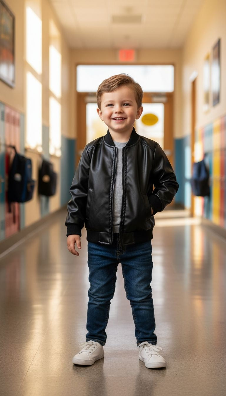 Edgy & Warm: Black Faux Leather Bomber Jacket