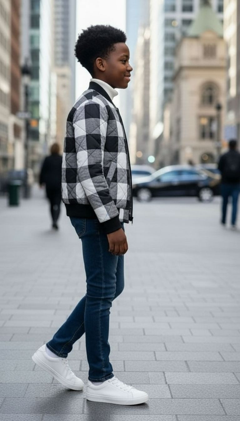 Warm & Trendy: Quilted Black & White Checkered Jacket