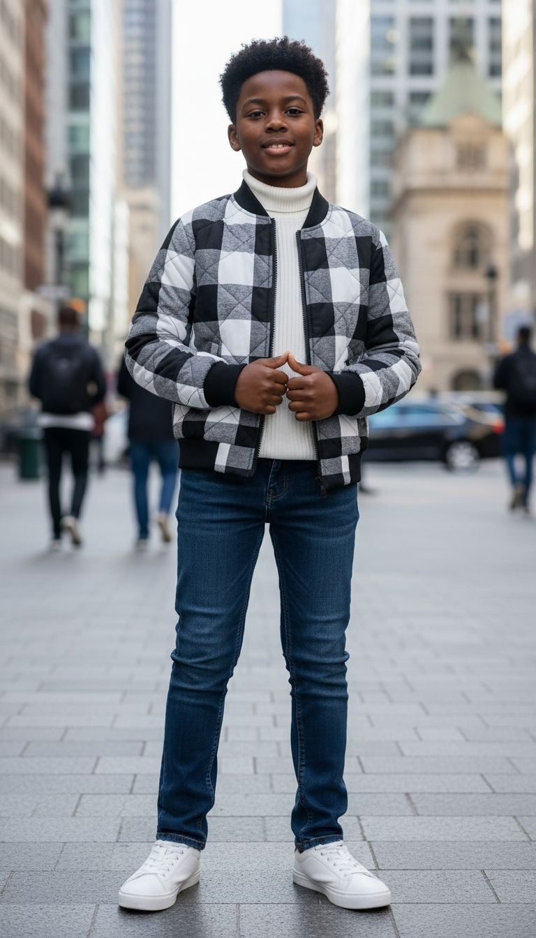 Warm & Trendy: Quilted Black & White Checkered Jacket
