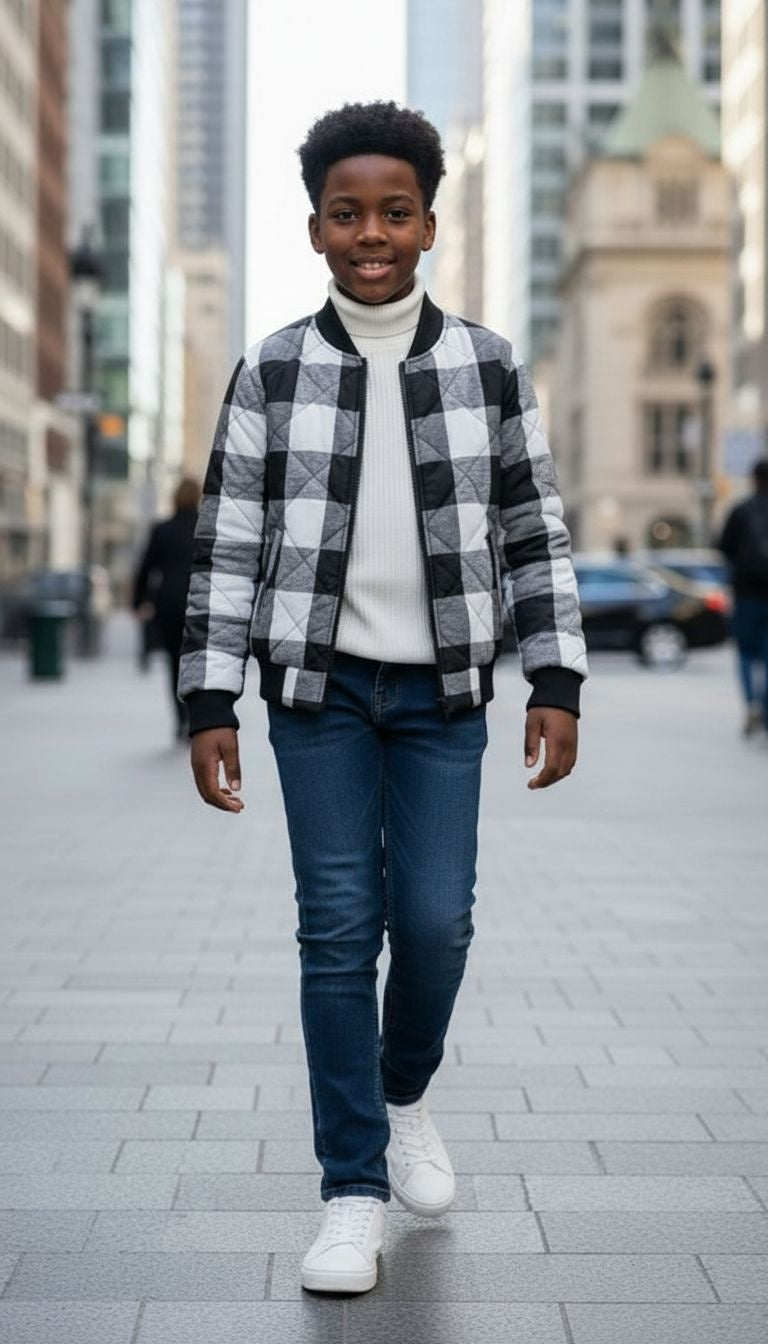 Warm & Trendy: Quilted Black & White Checkered Jacket