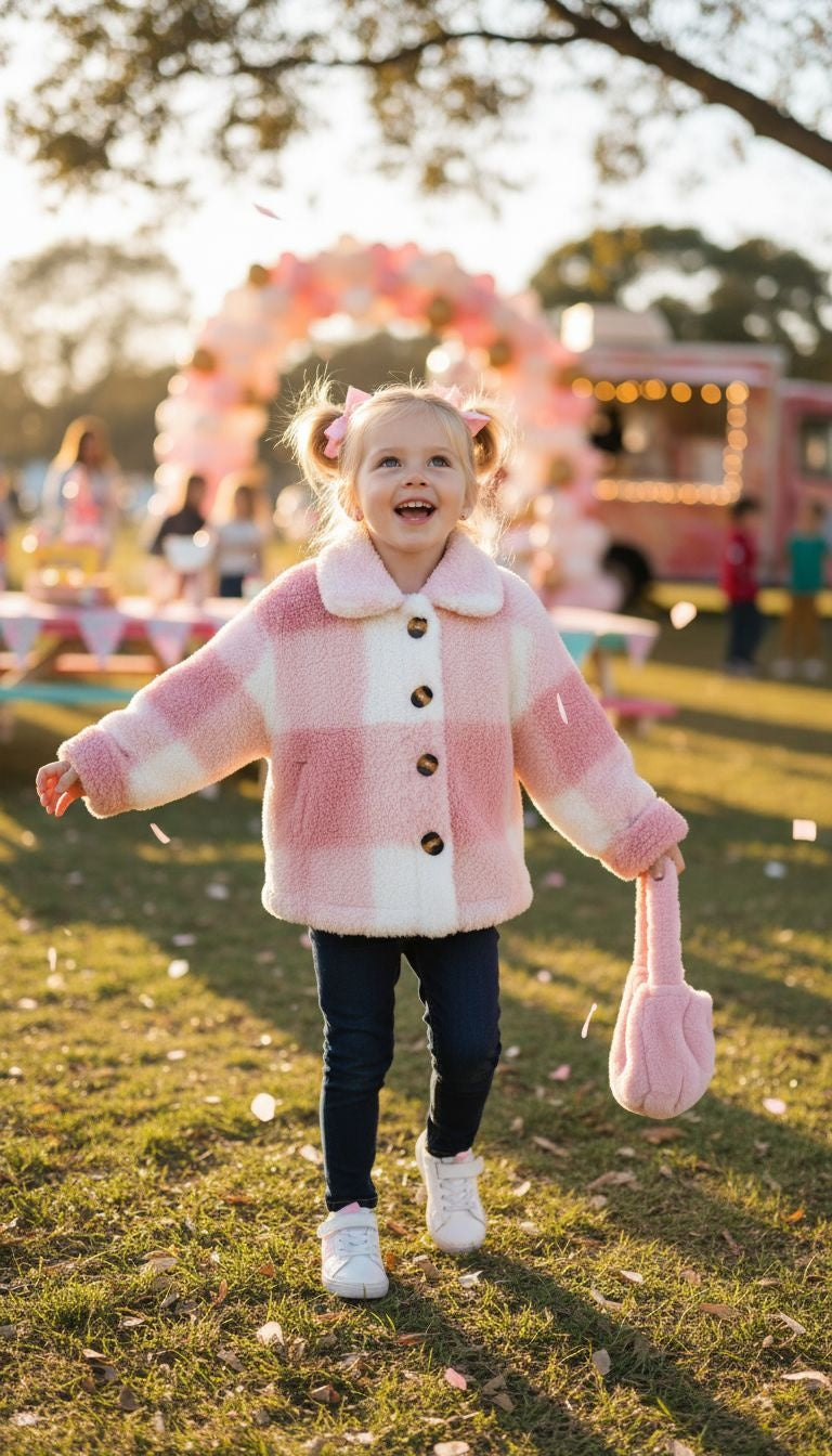 Chic & Cozy: Pink Checkered Faux Fur Coat
