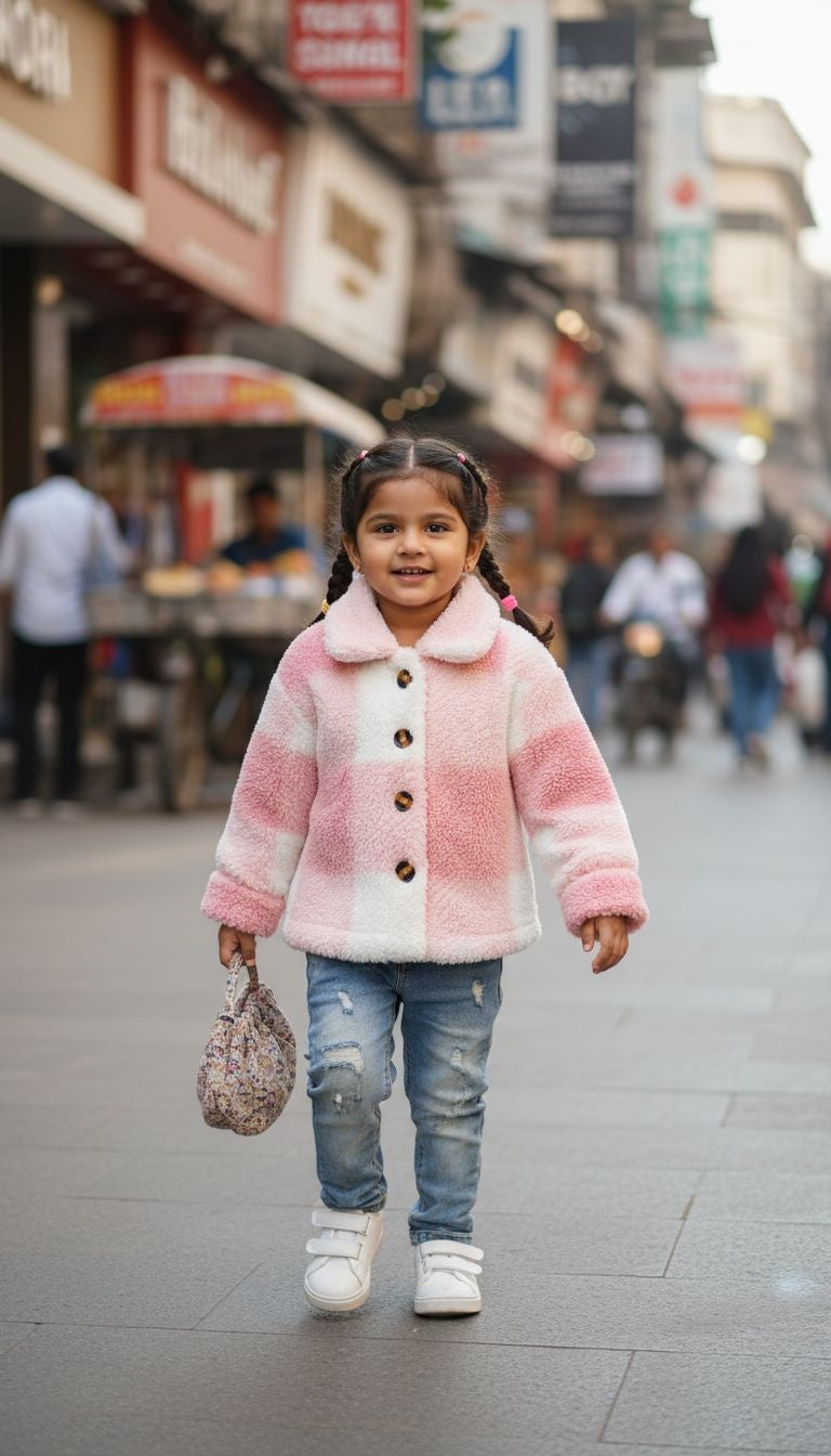 Chic & Cozy: Pink Checkered Faux Fur Coat
