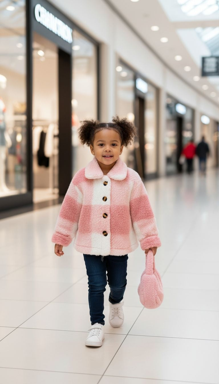 Chic & Cozy: Pink Checkered Faux Fur Coat