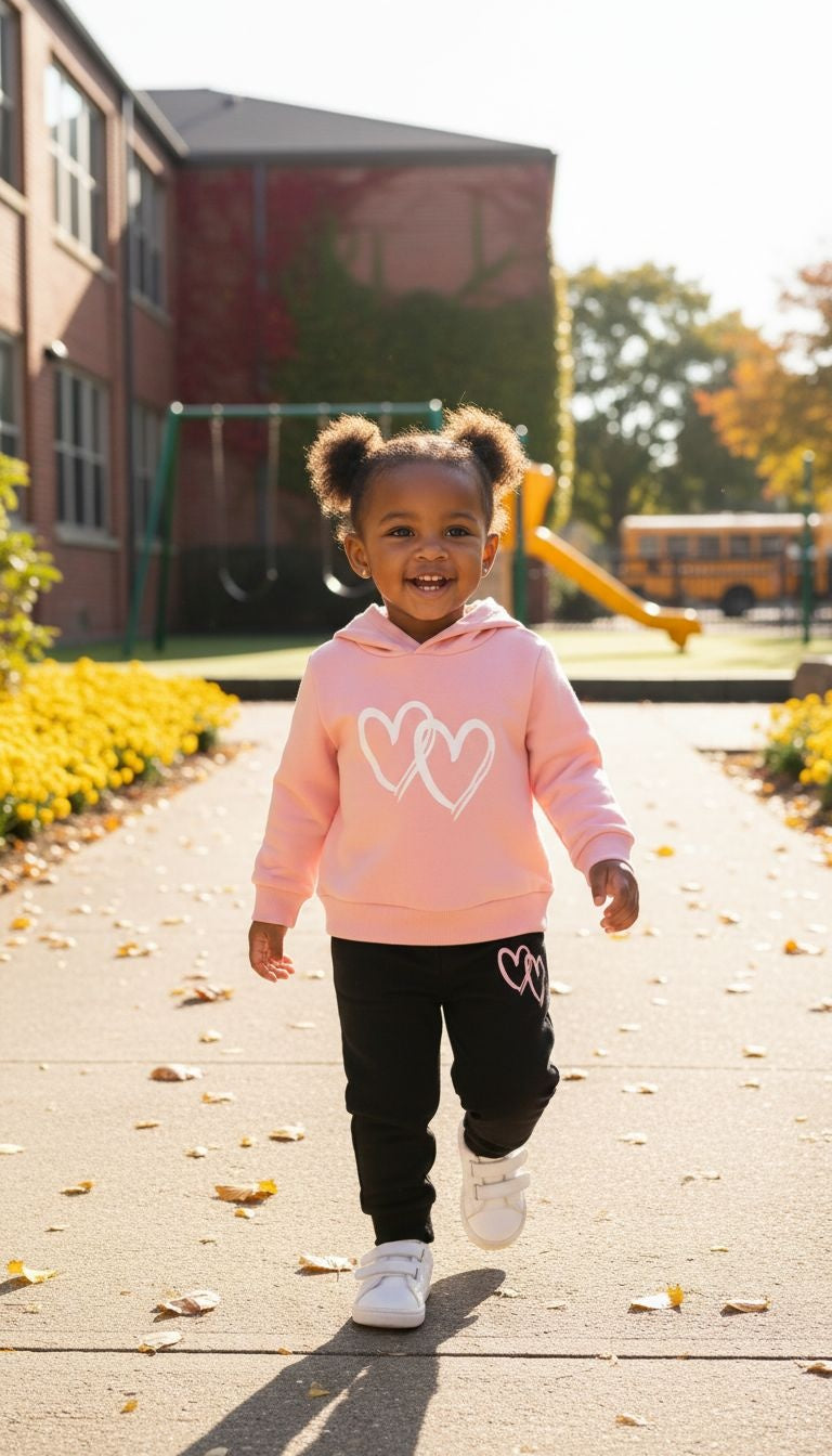 Sweet & Stylish: Pink Heart Hoodie and Black Jogger Set