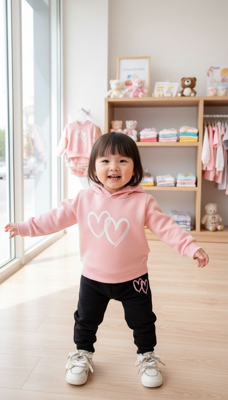 Sweet & Stylish: Pink Heart Hoodie and Black Jogger Set