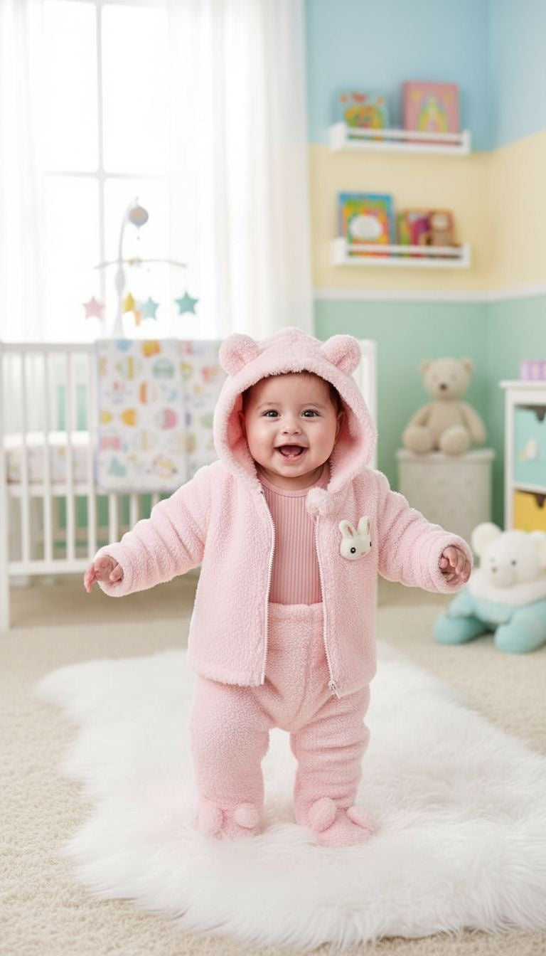 Snuggle-Ready: Pink Plush Bunny Hooded Baby Outfit