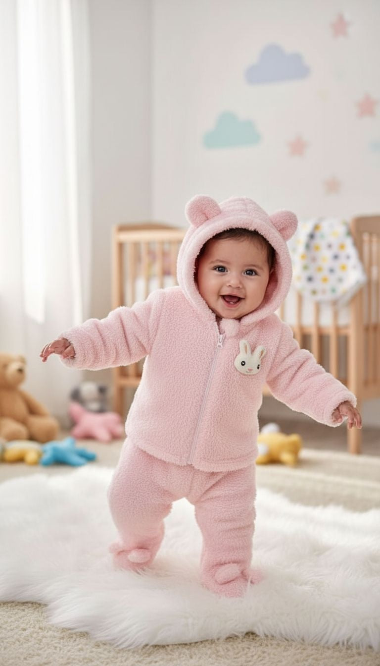 Snuggle-Ready: Pink Plush Bunny Hooded Baby Outfit