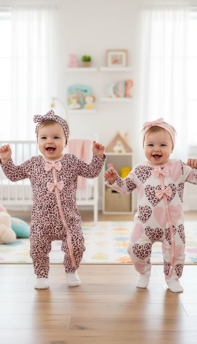 Cute & Cozy: Pink Leopard & Heart Print Baby Romper Set with Hats - 2 Pack