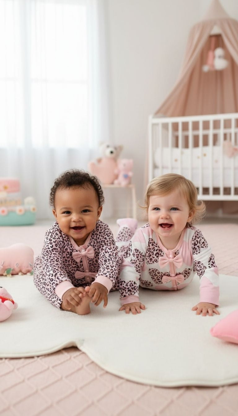 Cute & Cozy: Pink Leopard & Heart Print Baby Romper Set with Hats - 2 Pack