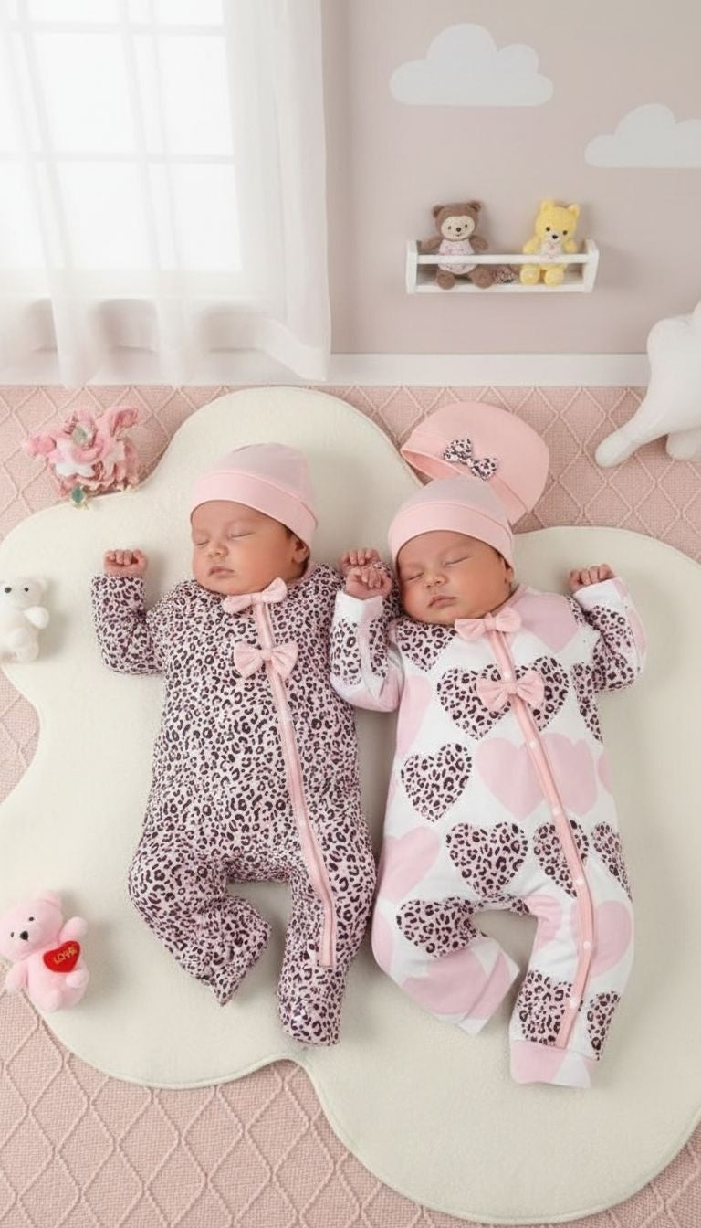 Cute & Cozy: Pink Leopard & Heart Print Baby Romper Set with Hats - 2 Pack