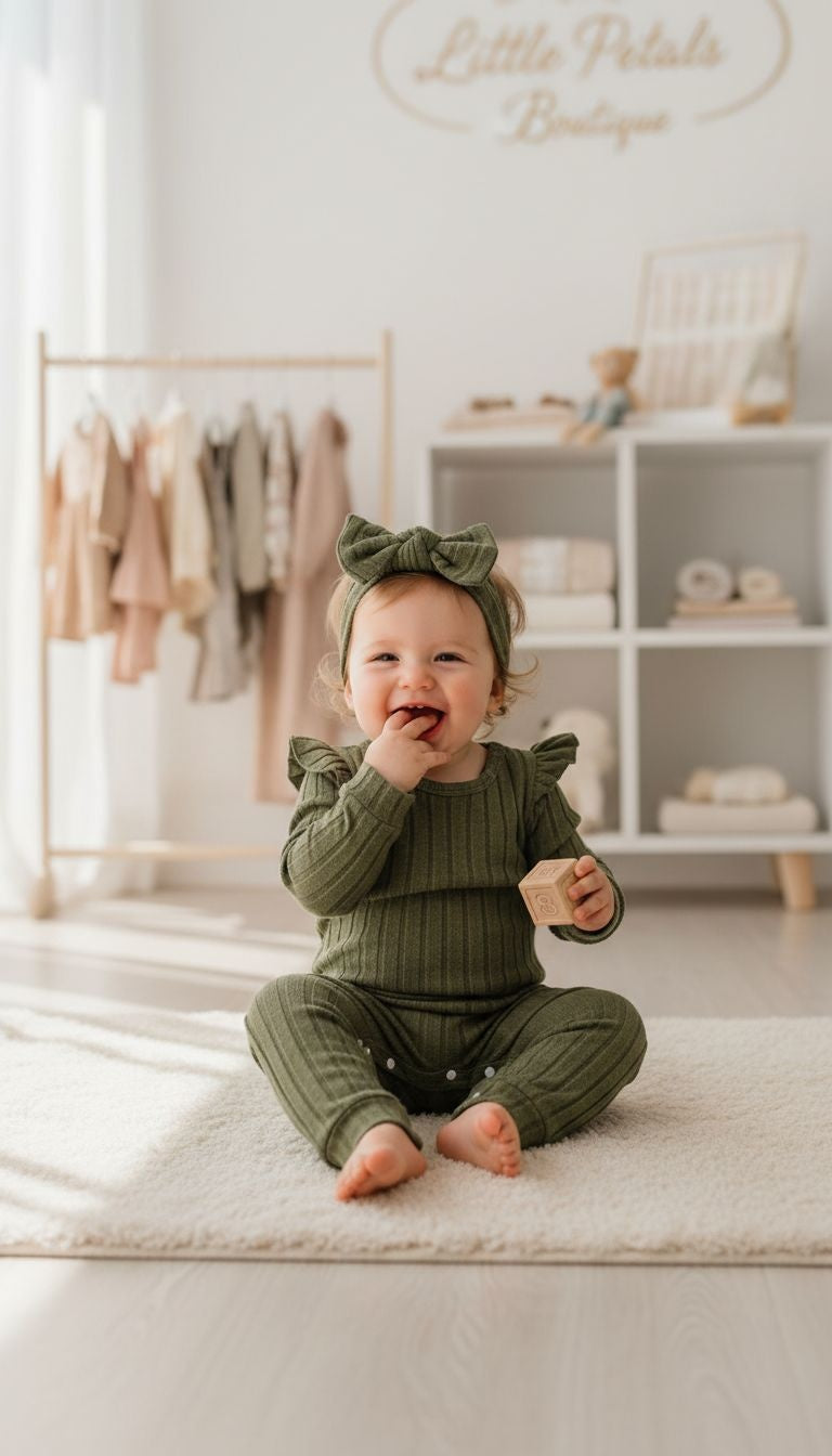 Chic & Cozy: Olive Green Ribbed Baby Romper with Headband