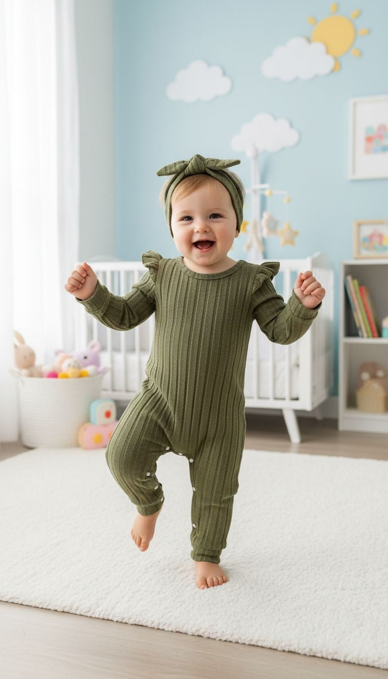 Chic & Cozy: Olive Green Ribbed Baby Romper with Headband