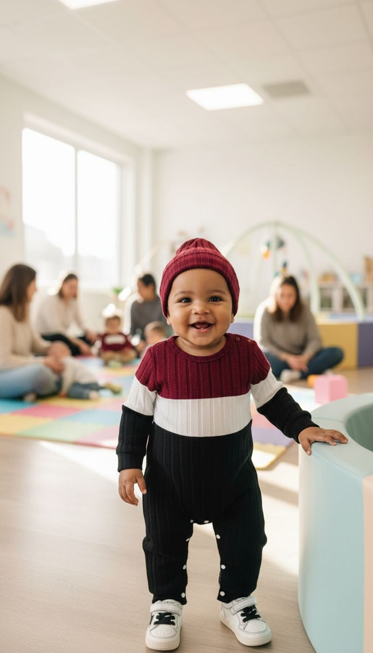 Bold & Cozy: Color-Block Ribbed Baby Romper with Matching Hat