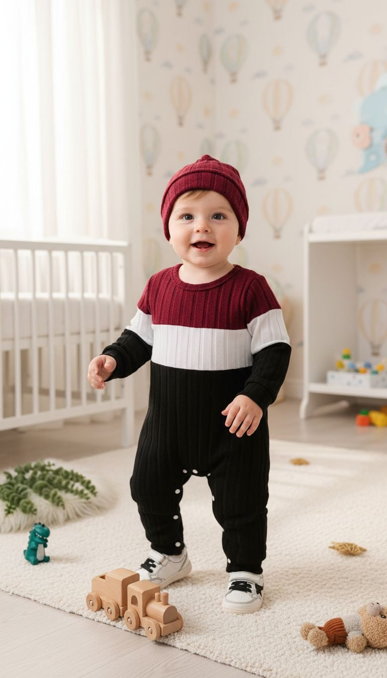 Bold & Cozy: Color-Block Ribbed Baby Romper with Matching Hat