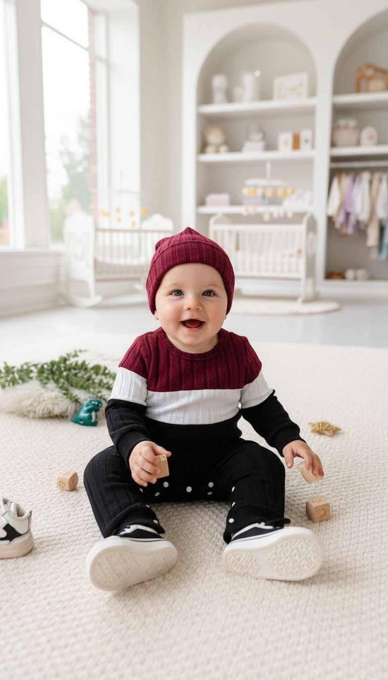 Bold & Cozy: Color-Block Ribbed Baby Romper with Matching Hat