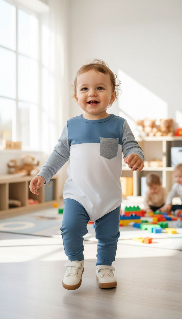 Cool & Comfy: Blue Color-Block Baby Bodysuit and Jogger Set
