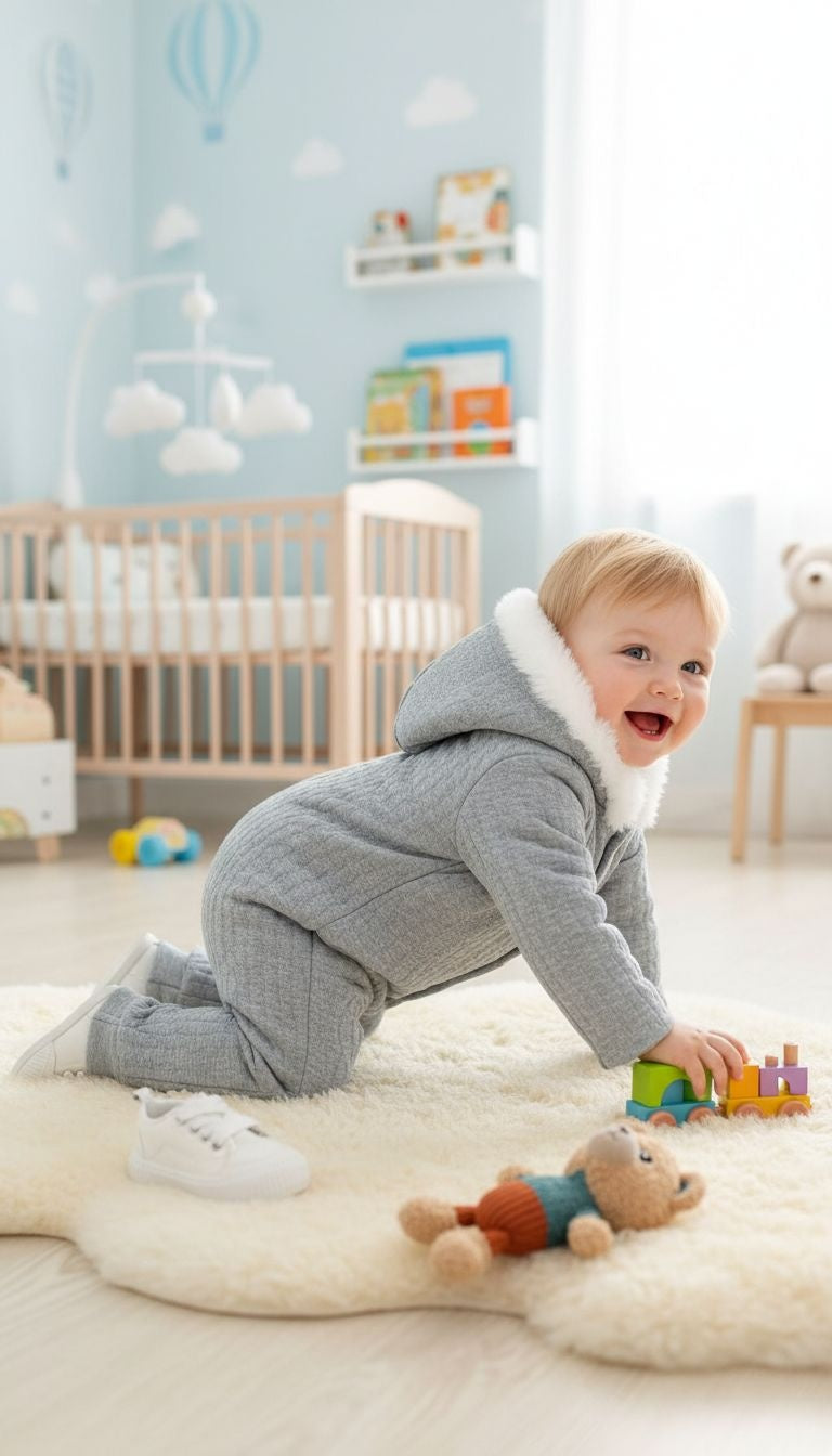 Winter Snuggle: Quilted Grey Hooded Baby Jumpsuit with Faux Fur Trim