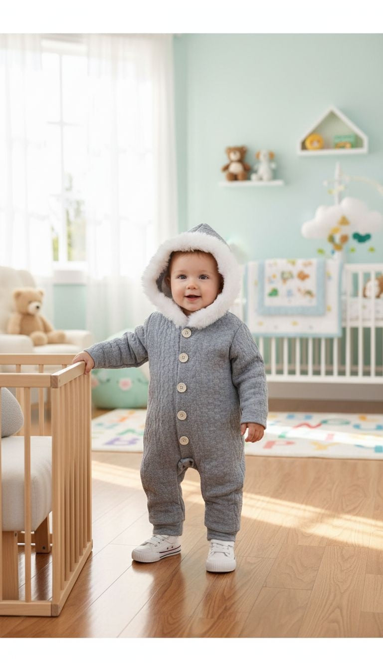 Winter Snuggle: Quilted Grey Hooded Baby Jumpsuit with Faux Fur Trim