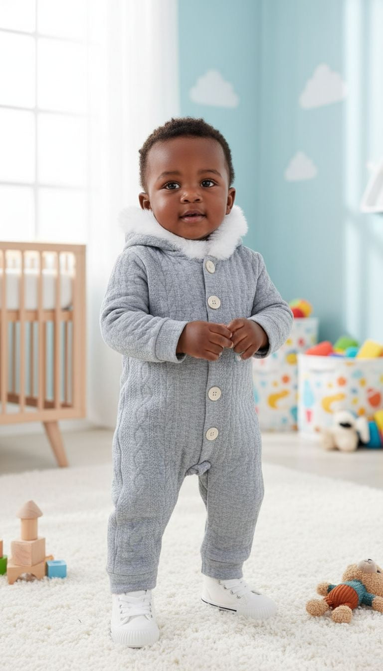 Winter Snuggle: Quilted Grey Hooded Baby Jumpsuit with Faux Fur Trim