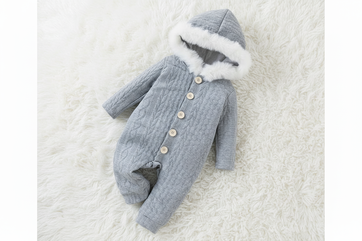 Winter Snuggle: Quilted Grey Hooded Baby Jumpsuit with Faux Fur Trim