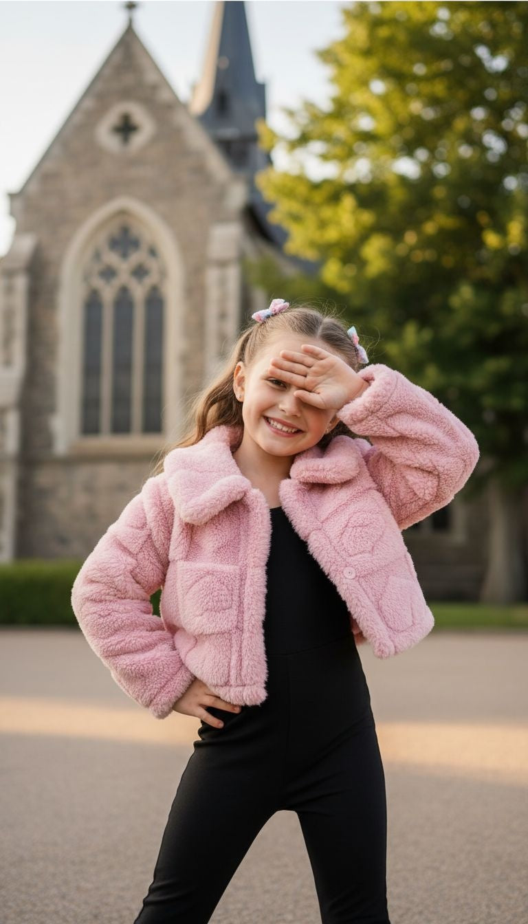 Trendy & Cozy: Pink Faux Fur Jacket with Black Jumpsuit Set