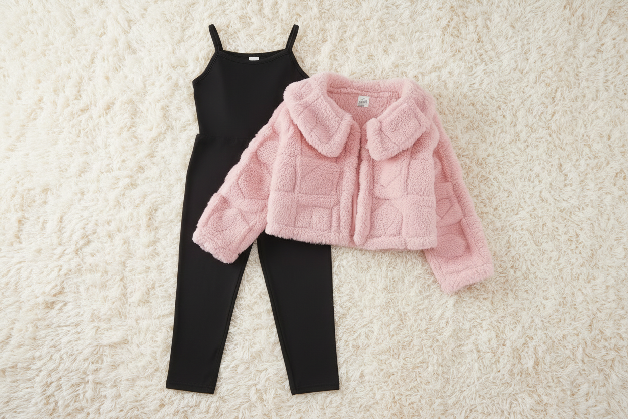 Pink fluffy jacket on a black dress with a white background