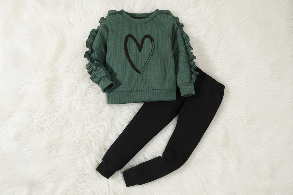 Green sweater with ruffled sleeves and black heart design, paired with black pants 