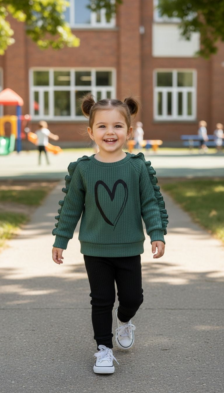 Sweet & Stylish: Heart Print Ruffle Sleeve Top and Legging Set