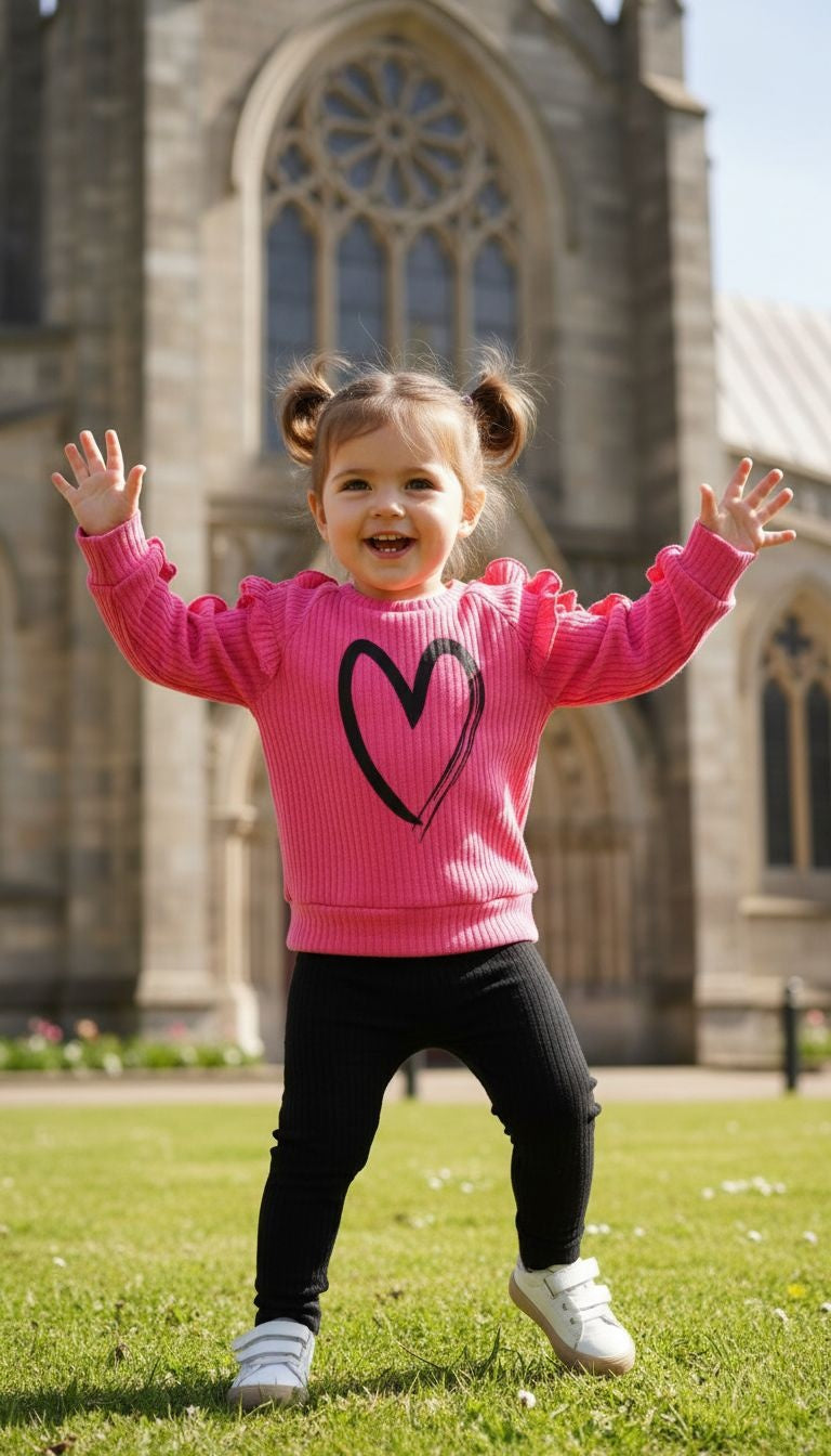 Sweet & Stylish: Heart Print Ruffle Sleeve Top and Legging Set